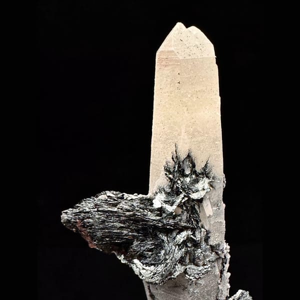 Quartz floater with specular hematite rosettes from Inner Mongolia — detail view