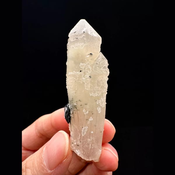 Pale quartz crystal with a specular hematite rosette from Inner Mongolia — alternate view