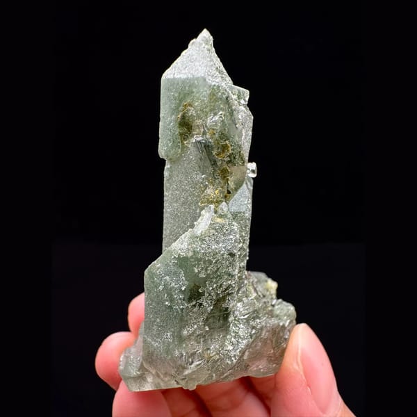 Intergrown Himalayan green phantom quartz floater from Pakistan — detail view