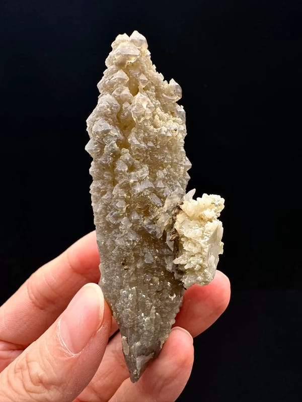 Double-Terminated Green Screw-Growth Quartz with Calcite — complete mineral specimen view 4