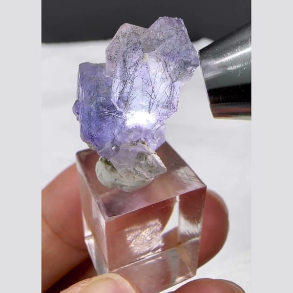 Chamfered Fluorite with Bismuthinite Yaogangxian 2.0 cm — alternate view