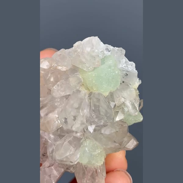 Pale green prehnite with clear quartz crystals from Zhaotong, Yunnan — detail view
