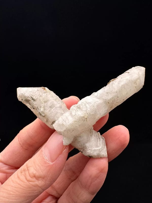 Crossed Double-Terminated Quartz with Calcite Interference — Inner Mongolia — individual mineral specimen view 1