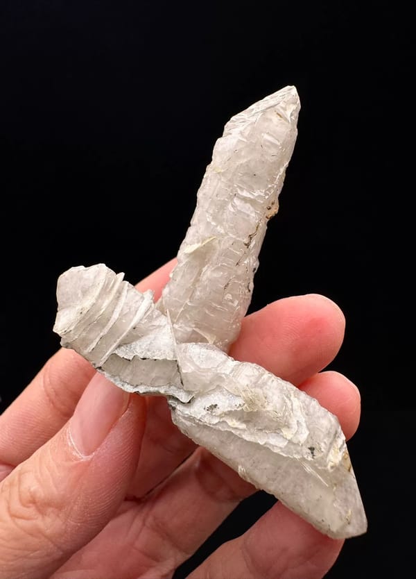 Crossed Double-Terminated Quartz with Calcite Interference — Inner Mongolia — individual mineral specimen view 2