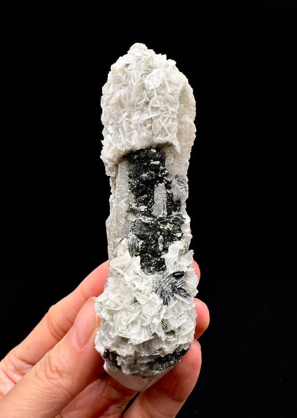 Double-Terminated Quartz with Calcite and Specular Hematite — complete specimen view 1