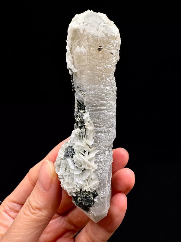 Double-Terminated Quartz with Calcite and Specular Hematite — complete specimen view 3