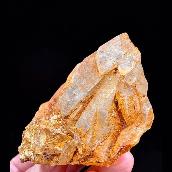 Golden Himalayan quartz cluster with dark inclusions from Ganesh Himal, Nepal — alternate view