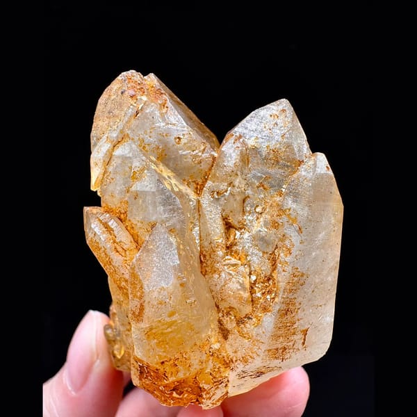 Golden Himalayan quartz cluster with dark inclusions from Ganesh Himal, Nepal — alternate view