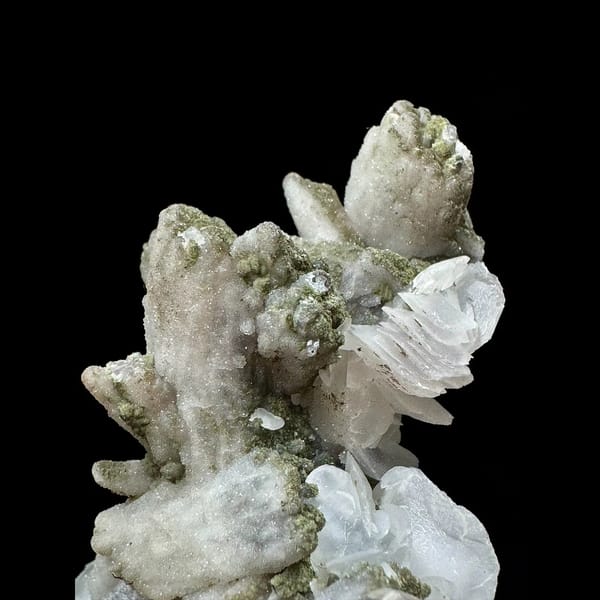Sparkly quartz floater with white petal calcite from Inner Mongolia — alternate view