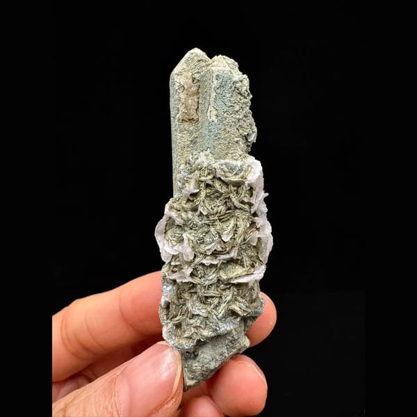 Green-skinned quartz floater with petal calcite from Inner Mongolia — complete view
