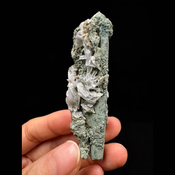 Green-skinned quartz floater with petal calcite from Inner Mongolia — alternate view