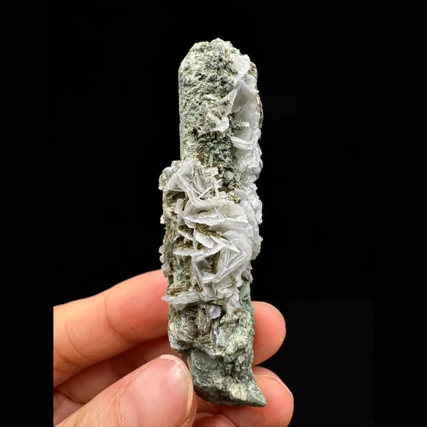 Green-skinned quartz floater with petal calcite from Inner Mongolia — alternate view