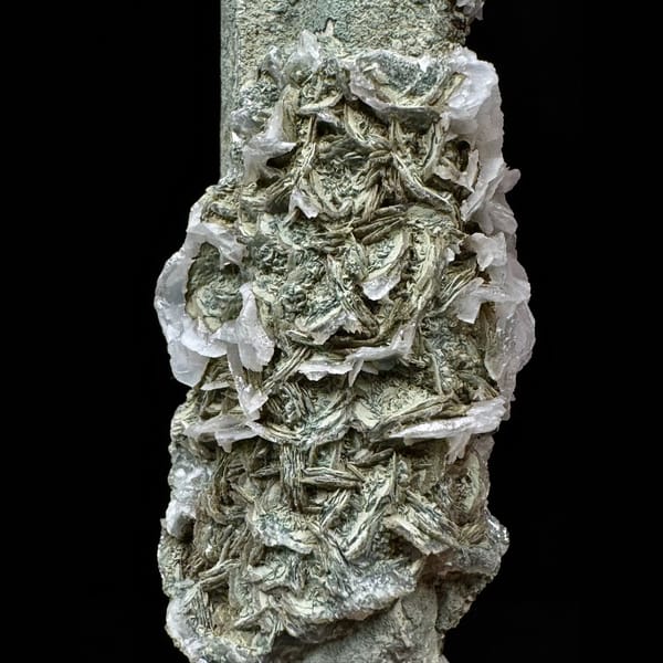 Green-skinned quartz floater with petal calcite from Inner Mongolia — detail view