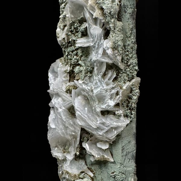 Green-skinned quartz floater with petal calcite from Inner Mongolia — detail view