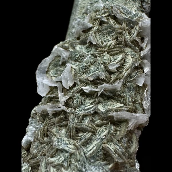 Green-skinned quartz floater with petal calcite from Inner Mongolia — detail view