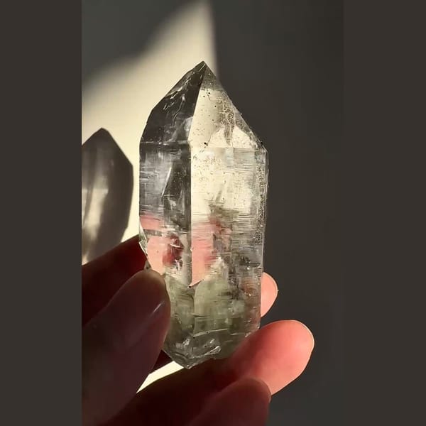 Icy DT green phantom quartz from India — detail view