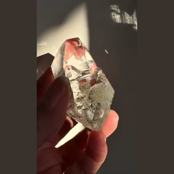 Icy DT green phantom quartz from India — detail view