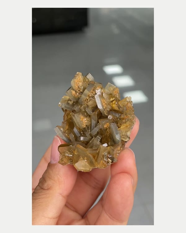 Complete left oblique view of honey-brown baryte crystal cluster