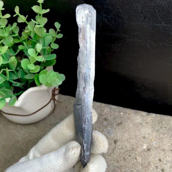 Long steel grey stibnite single crystal — complete view
