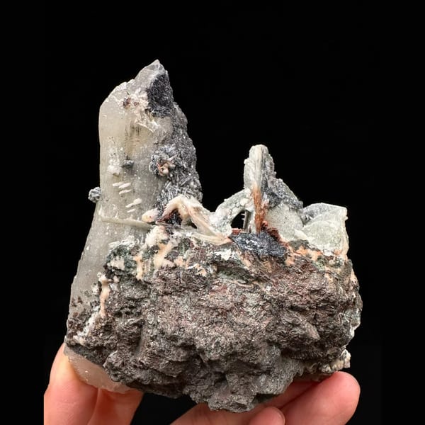 Quartz with green calcite, dogtooth calcite and specular hematite from Inner Mongolia — alternate view