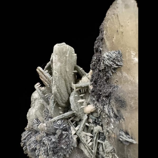 Quartz with green calcite, dogtooth calcite and specular hematite from Inner Mongolia — alternate view