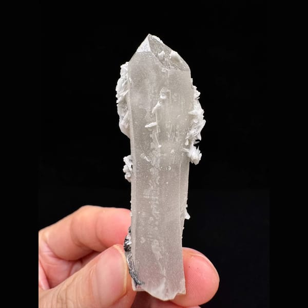 Sparkly quartz point with white petal calcite from Inner Mongolia — alternate view