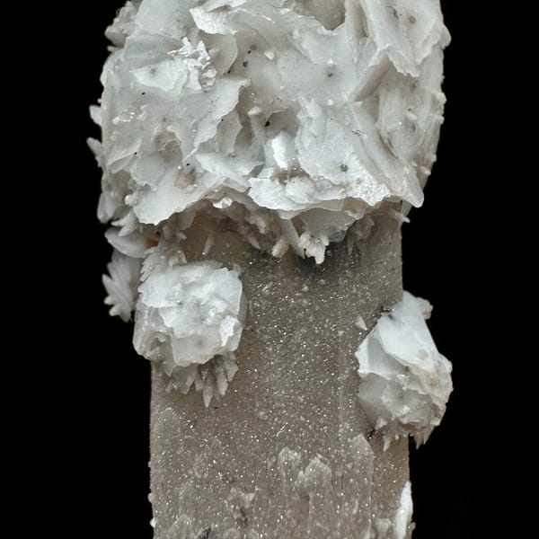 Sparkly quartz point with white petal calcite from Inner Mongolia — detail view