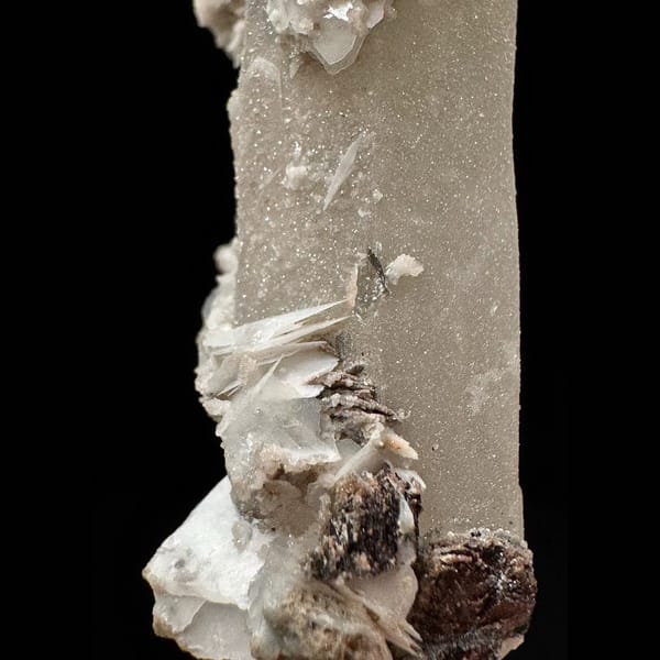 Sparkly quartz point with white petal calcite from Inner Mongolia — detail view