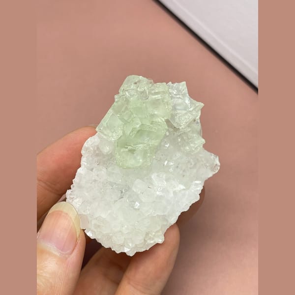 Pale green fluorite on white quartz from Fujian — alternate view