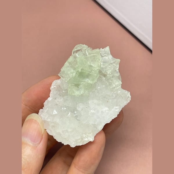 Pale green fluorite on white quartz from Fujian — alternate view