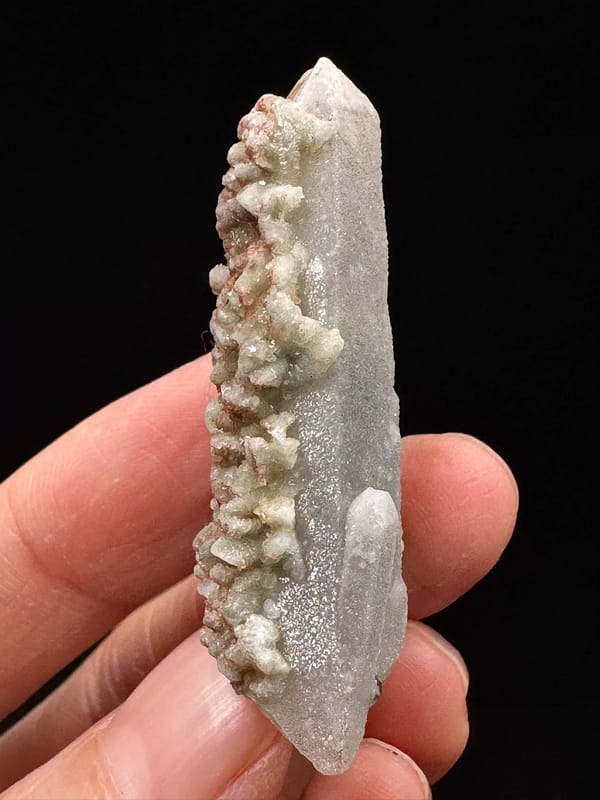 Silky quartz with pink-white calcite from Inner Mongolia — complete alternate side view