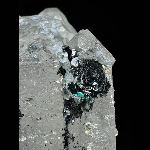 Double-terminated velvet quartz with hematite rosettes from Inner Mongolia — detail view