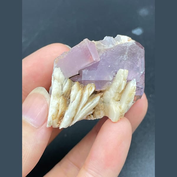Purple fluorite cube with cream barite blades from Spain — detail view