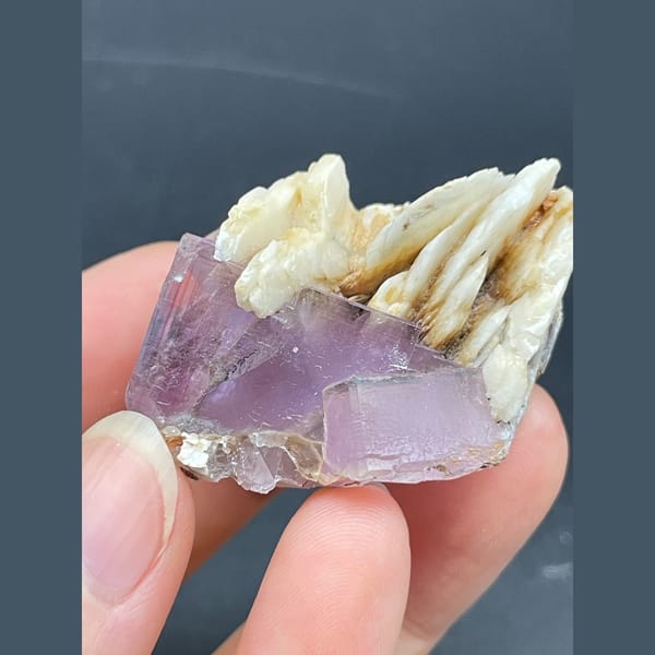 Purple fluorite cube with cream barite blades from Spain — detail view