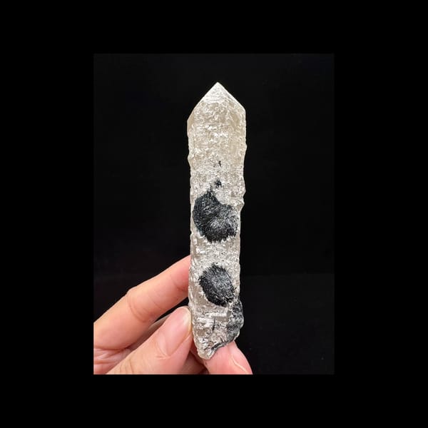 Quartz with black hematite rosettes from Inner Mongolia — complete front view
