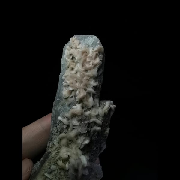 Floater quartz with pink and yellow petal calcite — alternate view