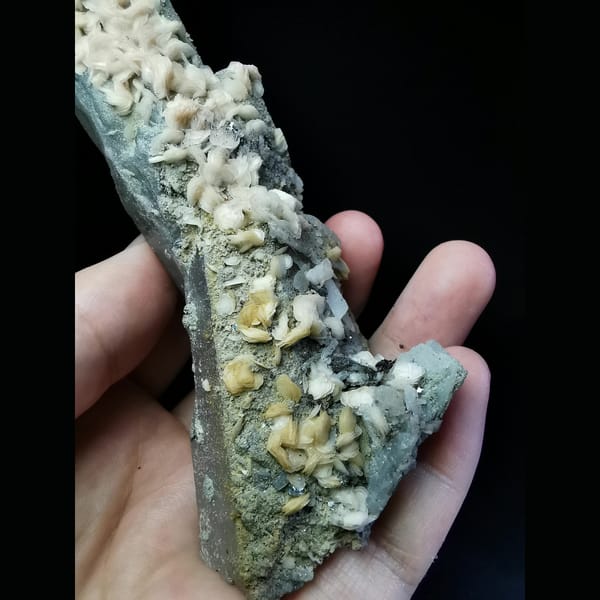 Floater quartz with pink and yellow petal calcite — alternate view