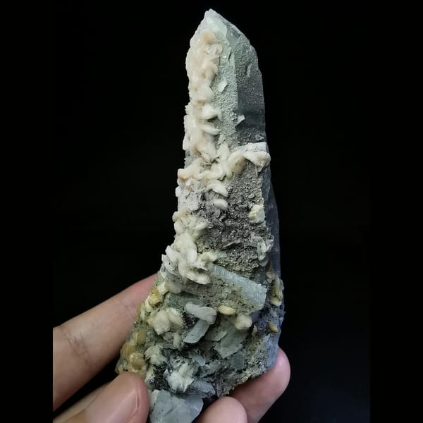 Floater quartz with pink and yellow petal calcite — detail view