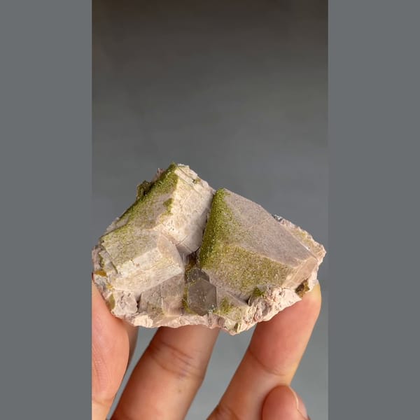 Fuzzy moss-green epidote on pale blocky crystals with chabazite from Yunxiao, Fujian — complete view