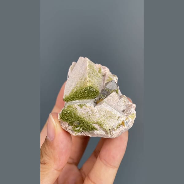 Fuzzy moss-green epidote on pale blocky crystals with chabazite from Yunxiao, Fujian — alternate view