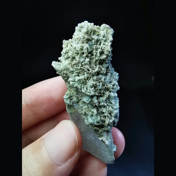 Quartz crystal with a burst of green calcite — complete view