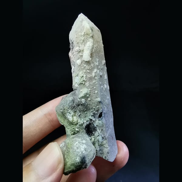 Quartz crystal with calcite and specular hematite — complete view