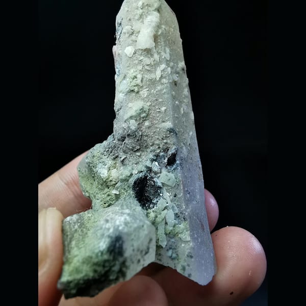 Quartz crystal with calcite and specular hematite — alternate view