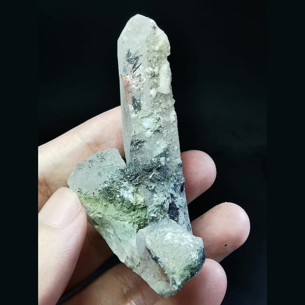 Quartz crystal with calcite and specular hematite — alternate view