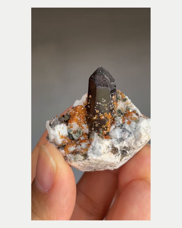 Complete reverse view of smoky quartz with spessartine and feldspar
