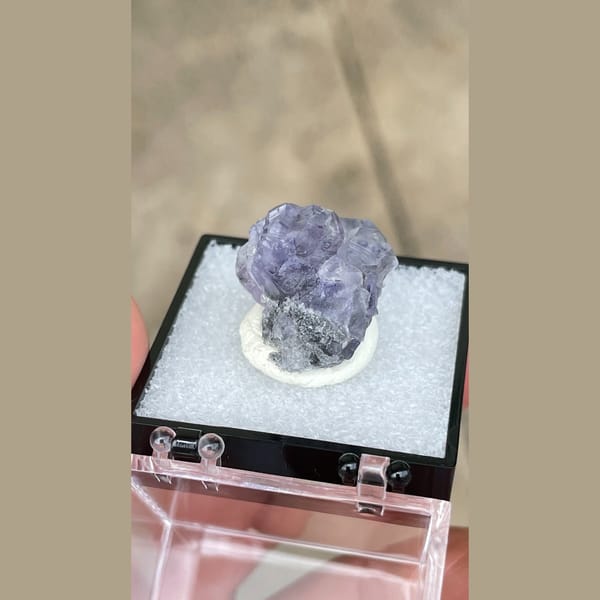 Small violet-blue fluorite crystal from Fujian in a display box — detail view