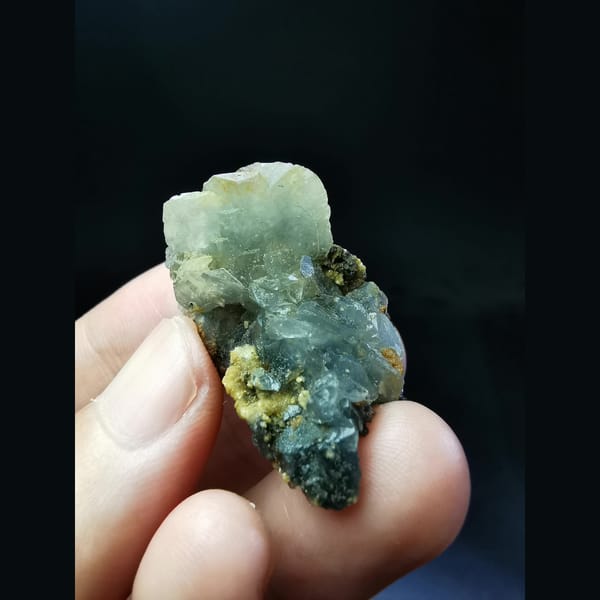 Bladed platy calcite with pyrite and mica — detail view
