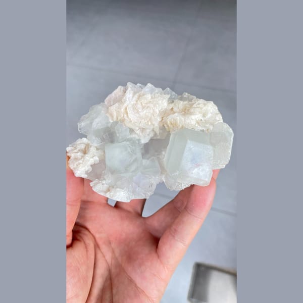 Pale green fluorite cubes with white dolomite from Hunan — complete view