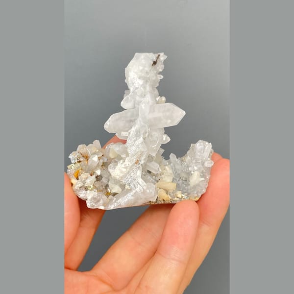 Frosted white quartz tower with pyrite from Shangbao, Hunan — complete view