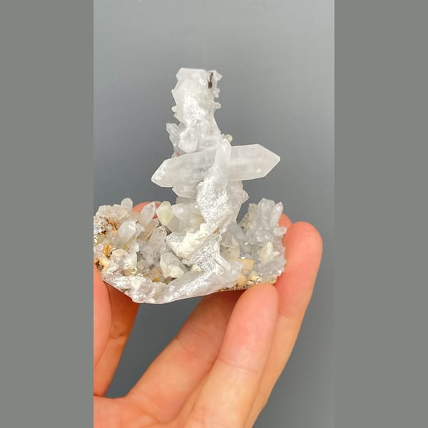 Frosted white quartz tower with pyrite from Shangbao, Hunan — alternate view